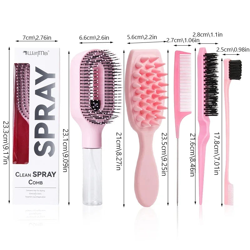 5Pcs Hair Care Styling Kit All-in-One with Spray Comb, Scalp Massage Brush, Rat Tail Comb & Edge Brushes for Home Salon Use