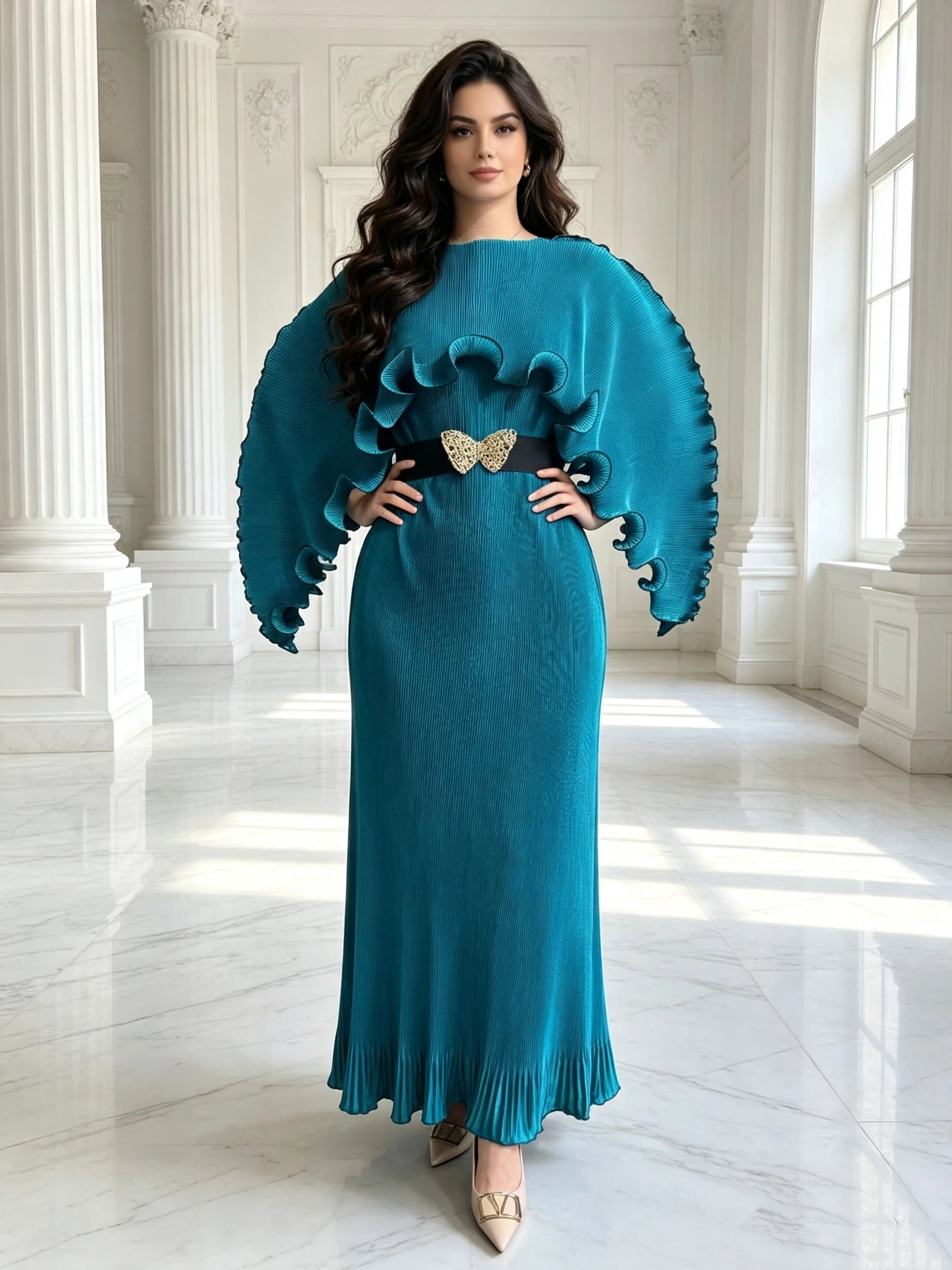 Elegant Pleated Long Dress with Butterfly Belt Women Cape Sleeve Wave Edge Ruffle Evening Party Dress