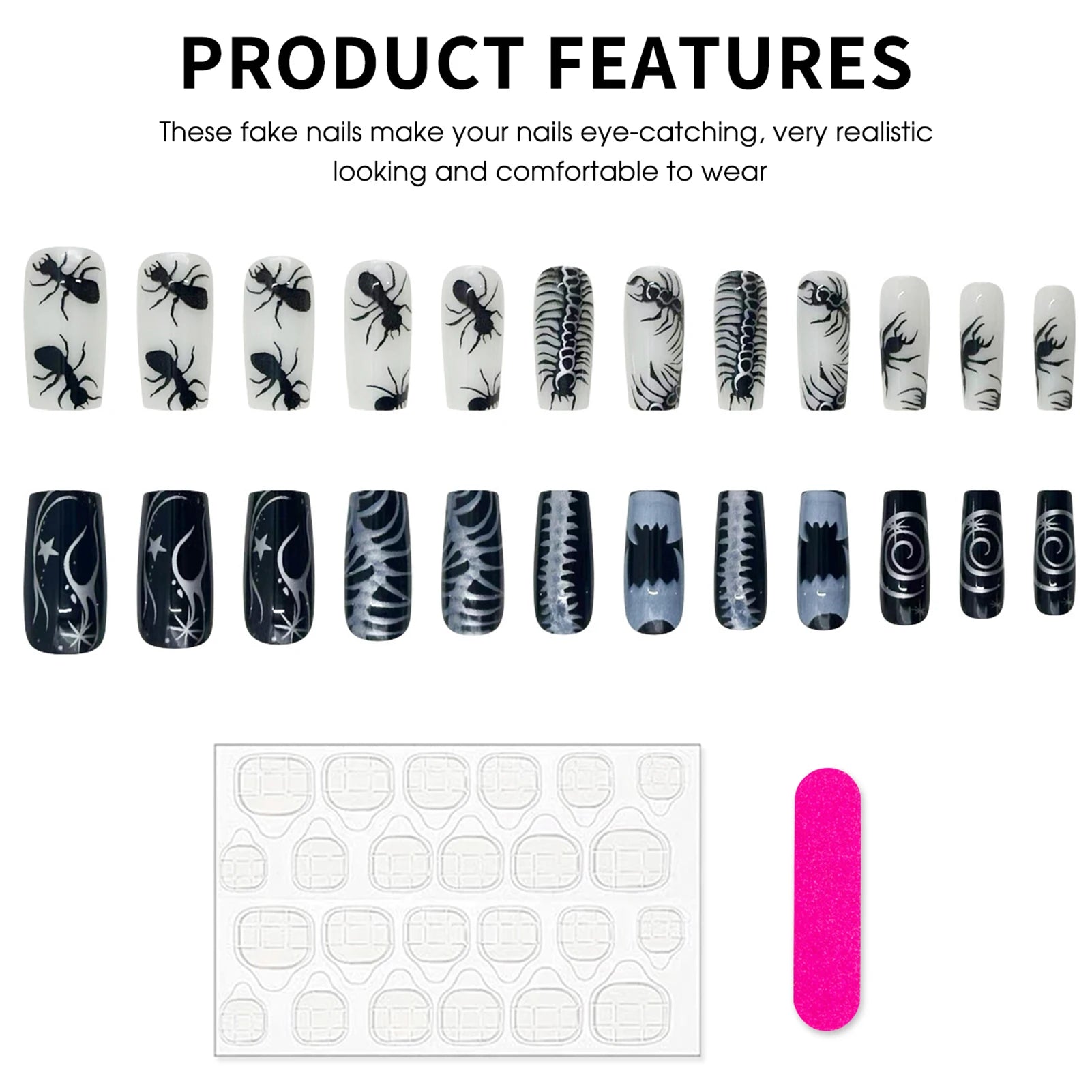 24pcs Thriller Style False Nails With Halloween Ant Bugs Pattern Wearable Press On Nails Ballet Black Punk Nail Art Decoration