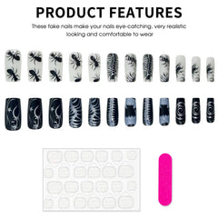 24pcs Thriller Style False Nails With Halloween Ant Bugs Pattern Wearable Press On Nails Ballet Black Punk Nail Art Decoration