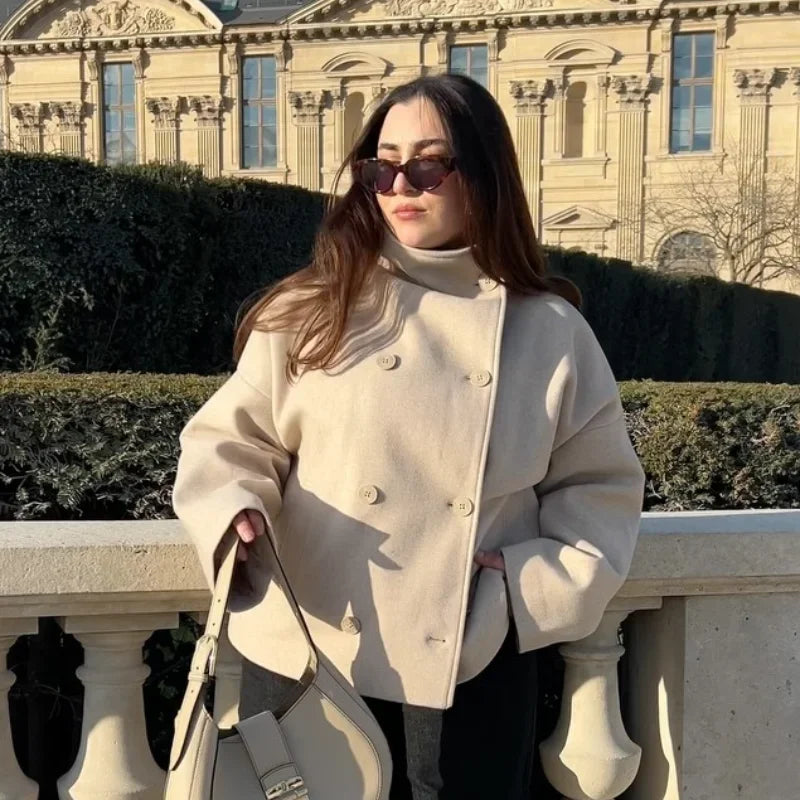 2025 Autumn Woolen Coats Women Casual Double Breasted Stand Collar Female Office Short Jackets Chic Lady Loose Street Outwear