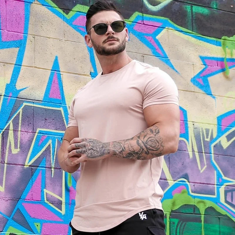 Muscle Training T-shirt Men's Summer Workout Short Sleeve T-shirt High Quality Cotton Fitness Men T-shirt Gym Solid Color Tops