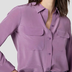 Women Real Silk Shirts Classic Double Pockets Solid Color Casual Fashion Long Sleeve Thin Shirt Blouses Tees