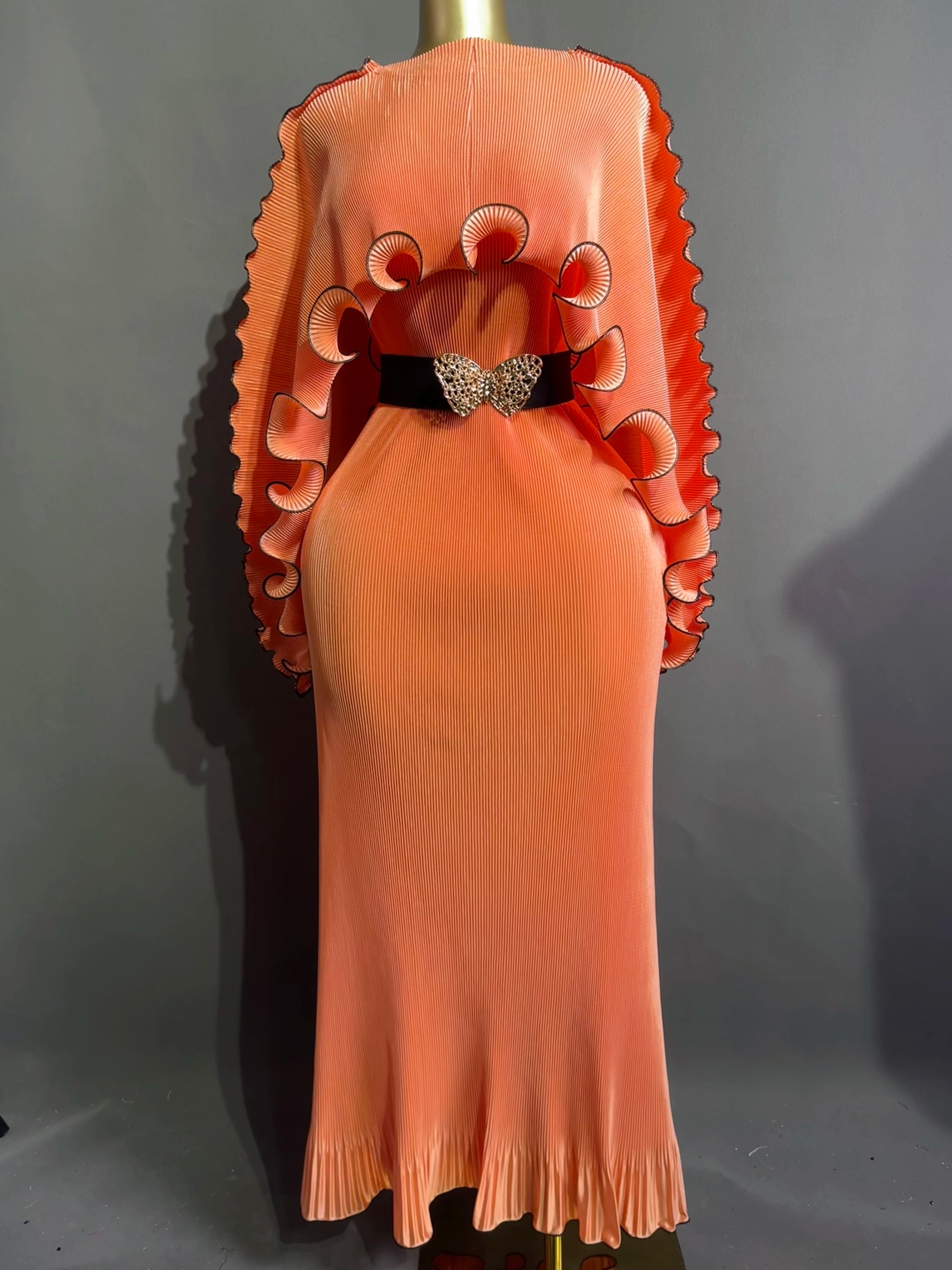 Elegant Pleated Long Dress with Butterfly Belt Women Cape Sleeve Wave Edge Ruffle Evening Party Dress