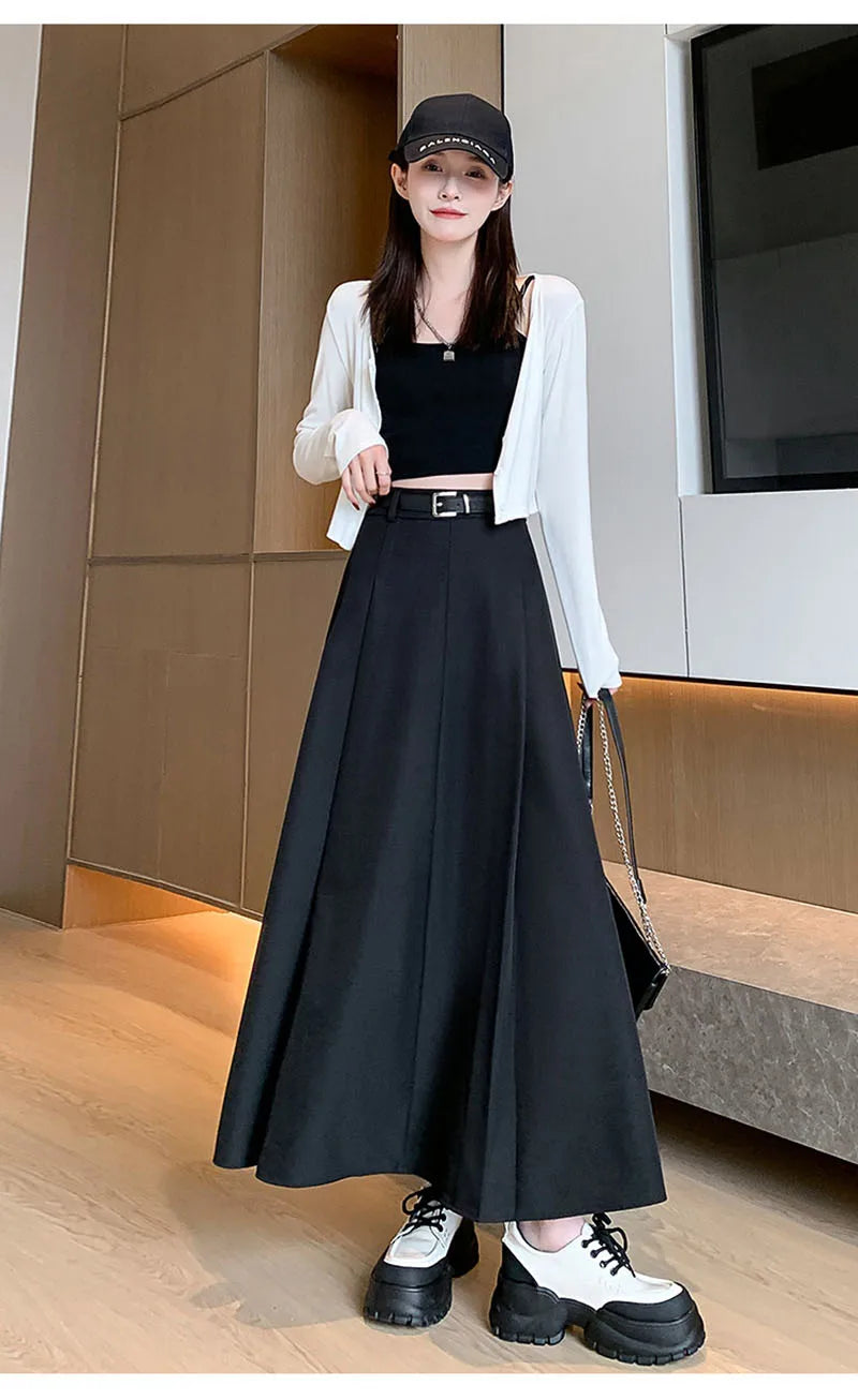 Elegant Skirts for Women Korean Style Long Skirt Female Black Pleated Midi Skirt Women's Clothing Office Lady Skirts Outfits New