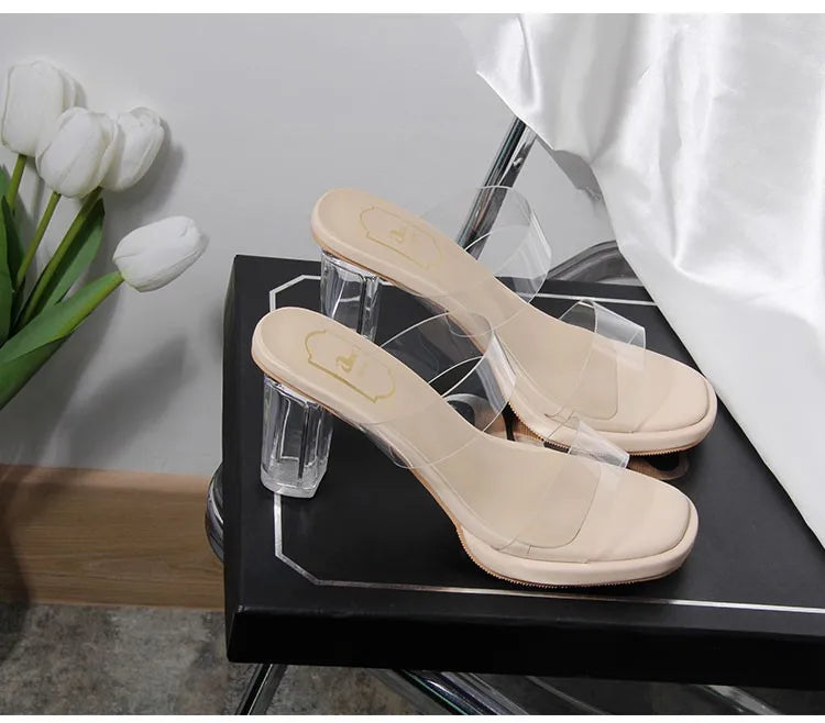 Women's High Heels, 2024 Summer New Waterproof Table with A Line Not Tired Feet Thick Crystal Slippers, Women's Shoes