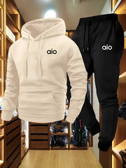 The new man's color block hoodie and sweatpants set, soft fabric waist drawstring, fashionable black and white printed clothes