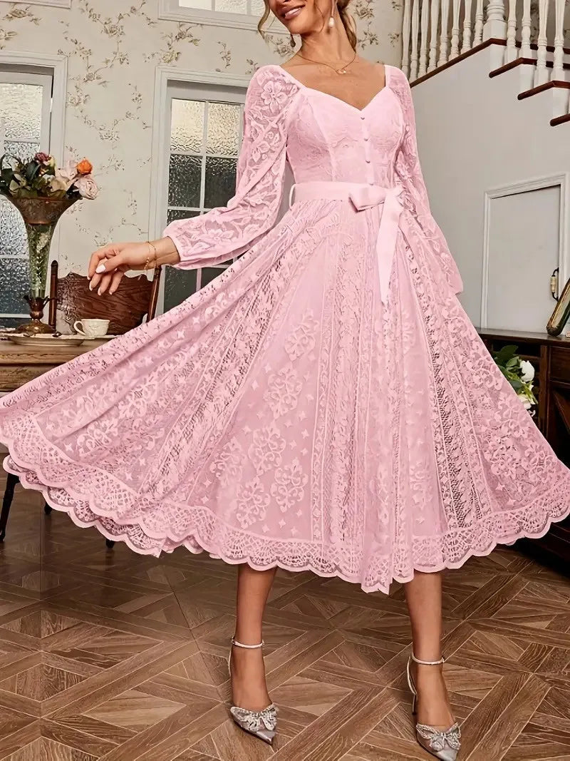 Elegant Party Dress For Woman Evening Prom Dresses Lace Long Gown V Neck Maxi Dress White Pink Floral Lace A Line Balloon Sleeve