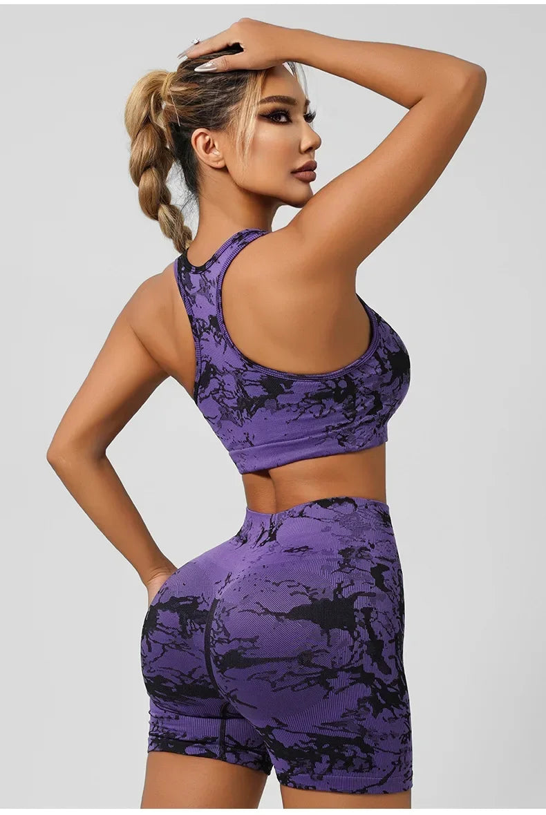 Women Seamless Tie Dye Yoga Set Quick Dry Sports Bra Shorts Lightweight Breathable Workout Outfit