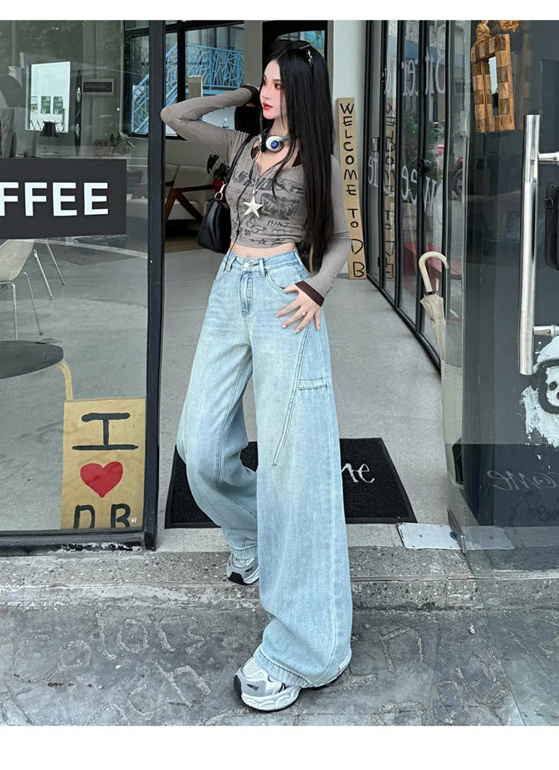 High Waisted Wide Leg Jeans Women Cotton Retro Denim Y2k Loose Fashion Design Sense Pant Streetwear Baggy Straight Trouser Woman