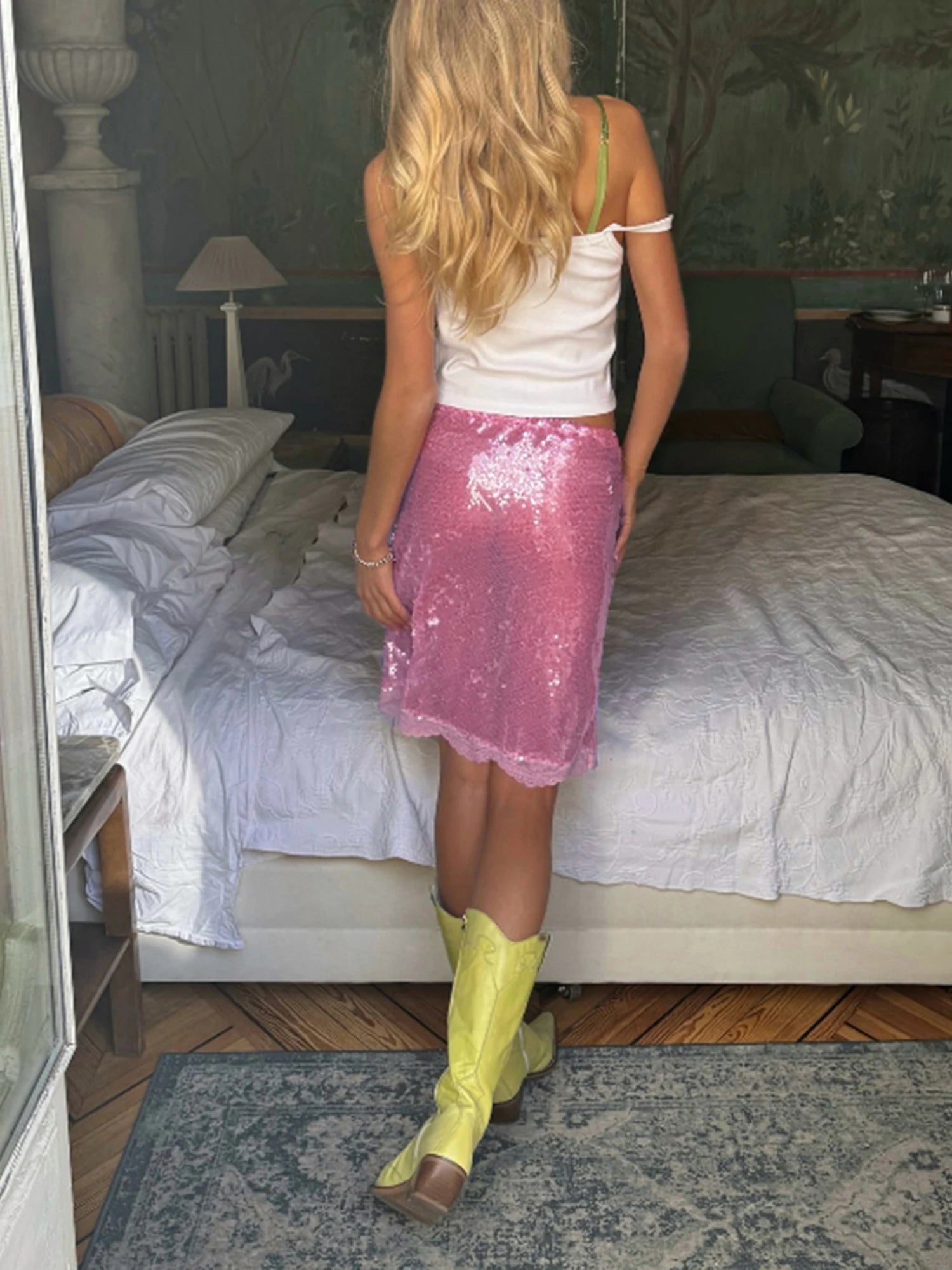 Women's Fashion Midi Skirts Sequins Lace Trim Low Waist Skirts Summer Fashion Bodycon Skirts