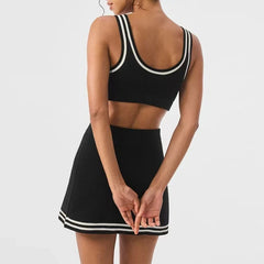 Women's Yoga Sets Waffle Knit Tennis Set Tank Top Skort With Pocket Built-in Shorts Outdoor Gym Workout Outfit