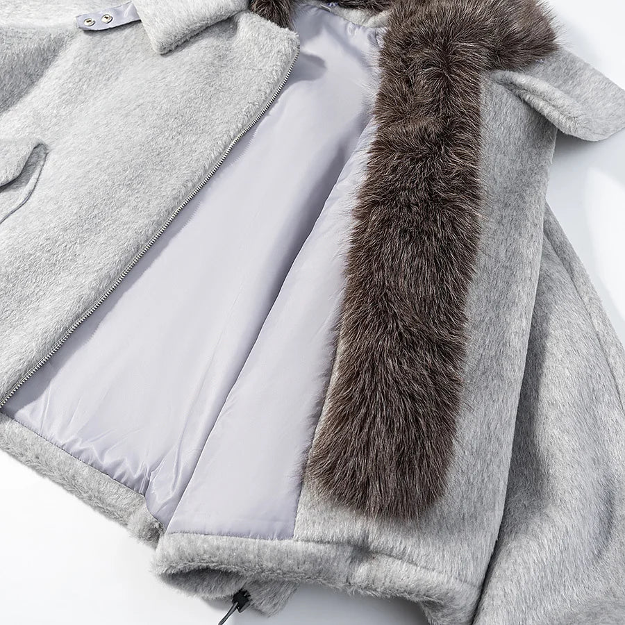 HH Women Fashion Coats Gray Turn-Down Collar Long Sleeves Pockets Decoration Zipper Winter Short Coat Woman Casual Loose Jackets