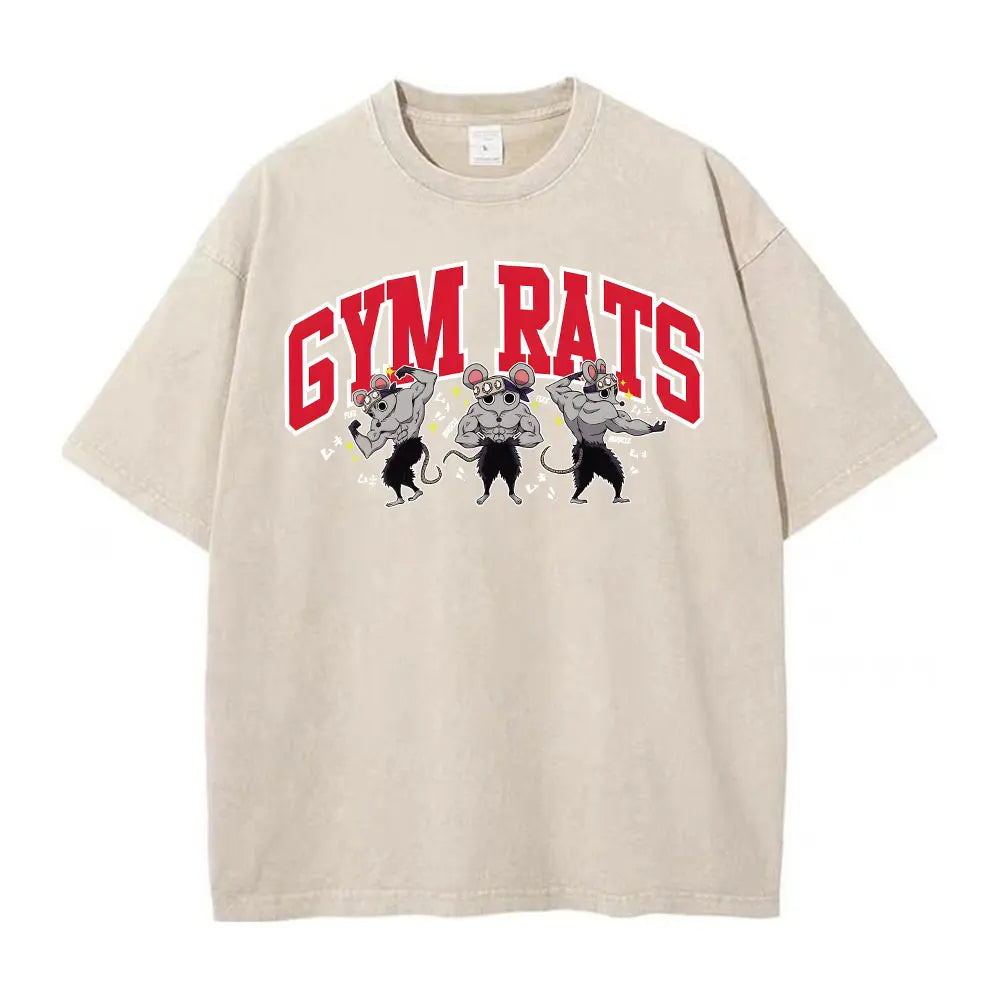 Vintage Washed T-shirts 100% Cotton Gym Muscle Rat Print Crew Neck Tshirts Casual Goth Hip Hop Streetwear Women Men Summer Tee