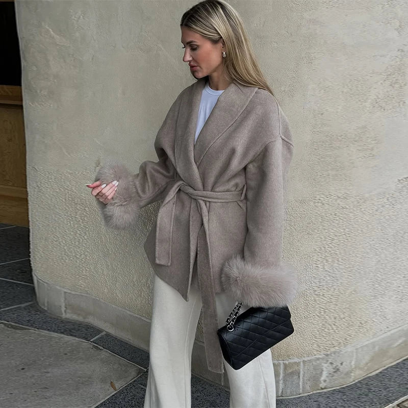 Elegant Women's Lace Up Woolen Coats Solid Full Sleeve Turn-down Collar Loose Lady Coats 2025 Autumn Winter Female Streetwear