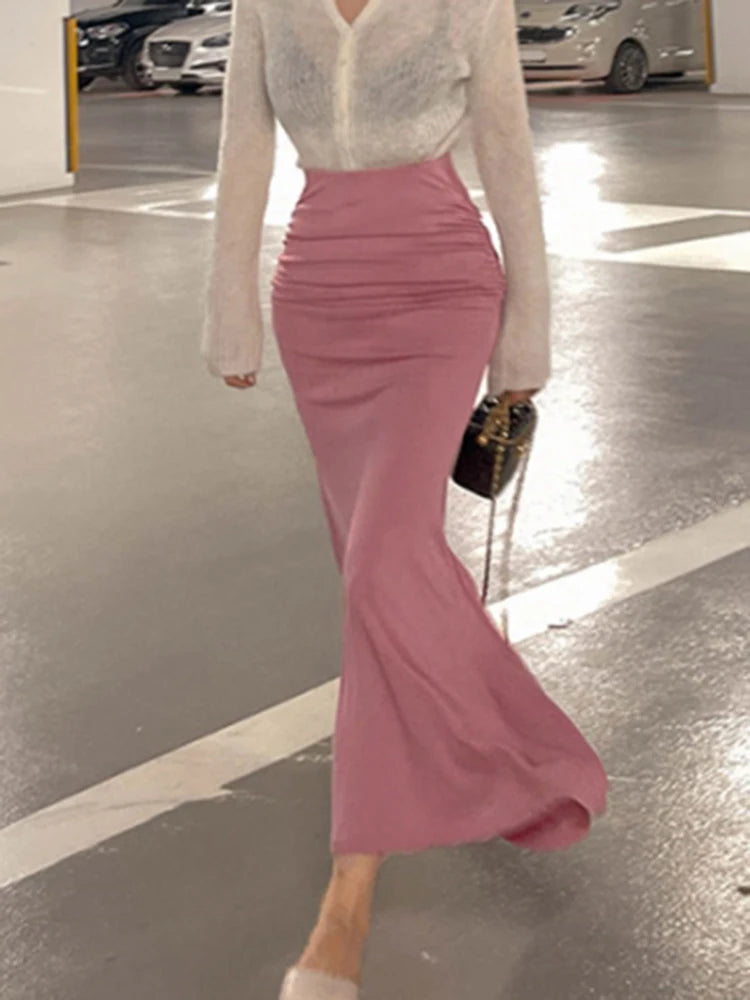 Shirred Satin High Waist Midi