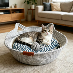 Pet Cat Bed Round Hand Woven Rattan Wear-resistant Cat Bed Summer Pet Bed Indoor Sleeping House Pet Products Accessories