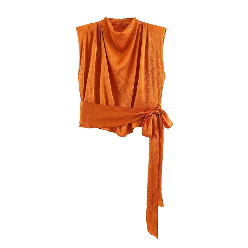 Women's Top 2026 Spring New Style Orange Sleeveless Satin Texture Long Ribbon Top Elegant and Stylish Unique Fashion Focus