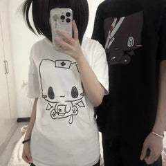 Women T Shirts Cartoon Printed Funny Couple Sweet Short Sleeve O Neck Loose Y2k Harajuku Tops Female Casual Tshirt Streetwear