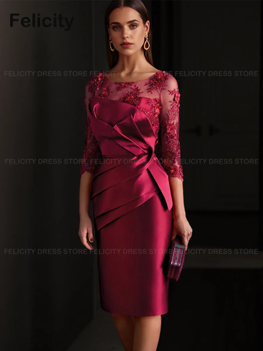 Elegant Mother of the Bride Dress 2025 Sheath Illusion Wedding Guest Dresses Satin Lace Pleated Customized Evening Party Gowns