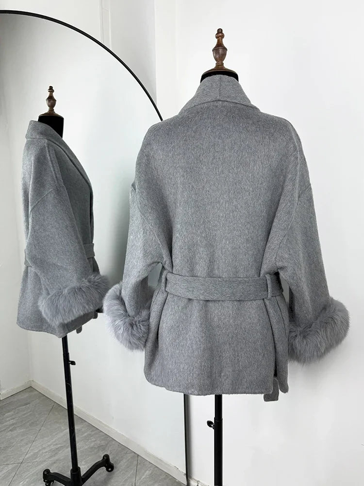 Fox Fur Woolen Coats Women's Short Coat Office Lady Removable Elegant Double-sided Wool Overcoat 2025 New Cardigan Jacket