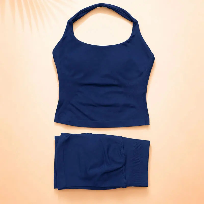 Women Seamless Yoga Set Halter Sports Bra Scrunch Butt Shorts 2 Piece Gym Workout Fitness Activewear High Waist Athletic Outfit
