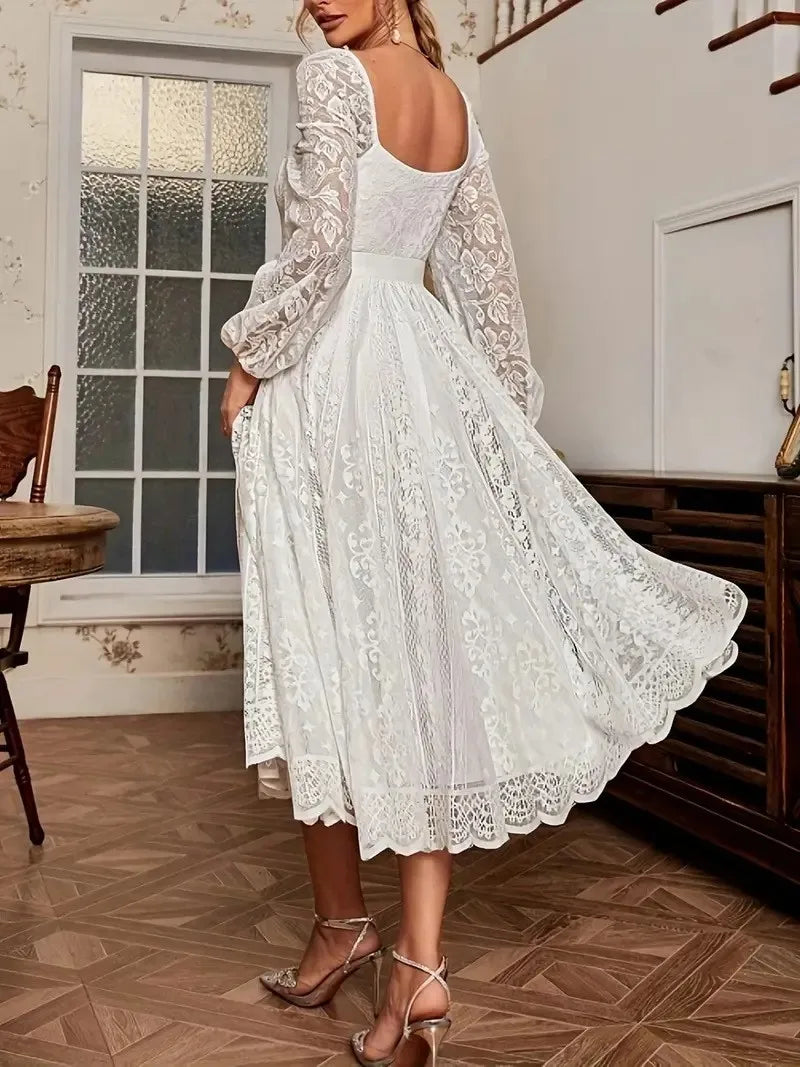 Elegant Party Dress For Woman Evening Prom Dresses Lace Long Gown V Neck Maxi Dress White Pink Floral Lace A Line Balloon Sleeve