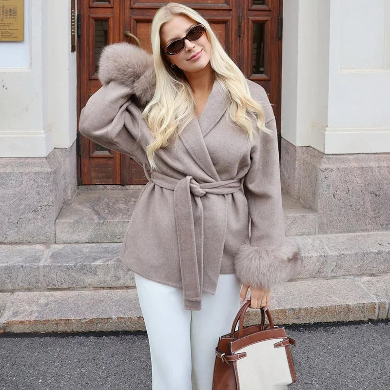 Fox Fur Woolen Coats Women's Short Coat Office Lady Removable Elegant Double-sided Wool Overcoat 2025 New Cardigan Jacket