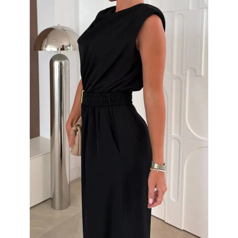 Women's Jumpsuits Solid Color Sleeveless Round Neck Casual Loose Women's Jumpsuit Summer Fashion Straight Tube Female Playsuits