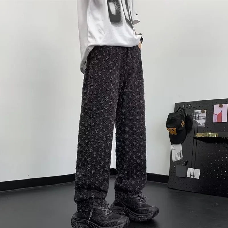 Jacquard All Over High Street Jeans Mens 2024 New Straight Lift Pattern Loose Wide Leg Jeans Casual Boyfriend Jeans Pants Tide