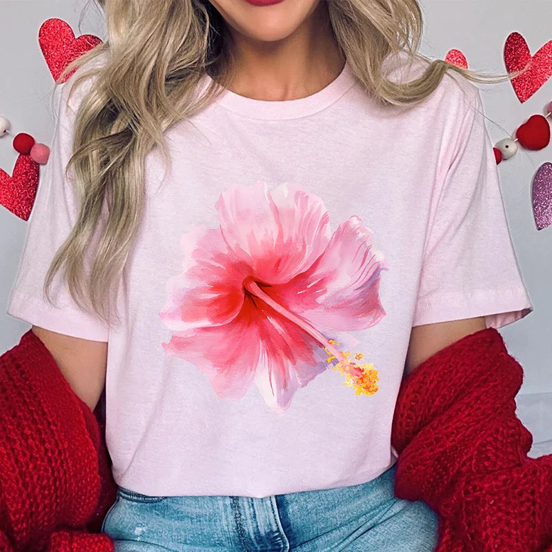 Pink Hibiscus Casual Y2K Tee