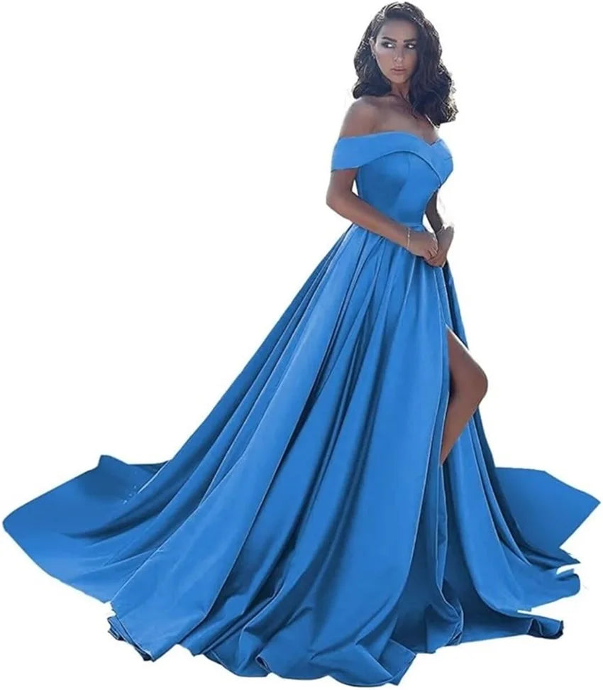 Simple Off Shoulder Satin Evening Gown