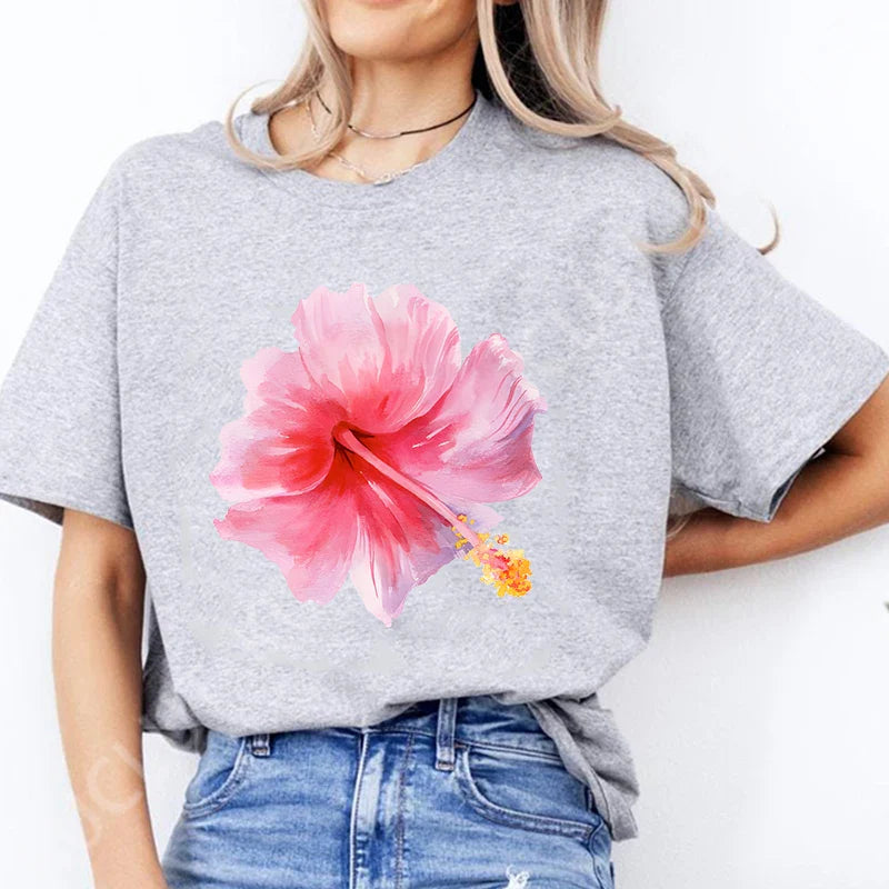 Pink Hibiscus Casual Y2K Tee