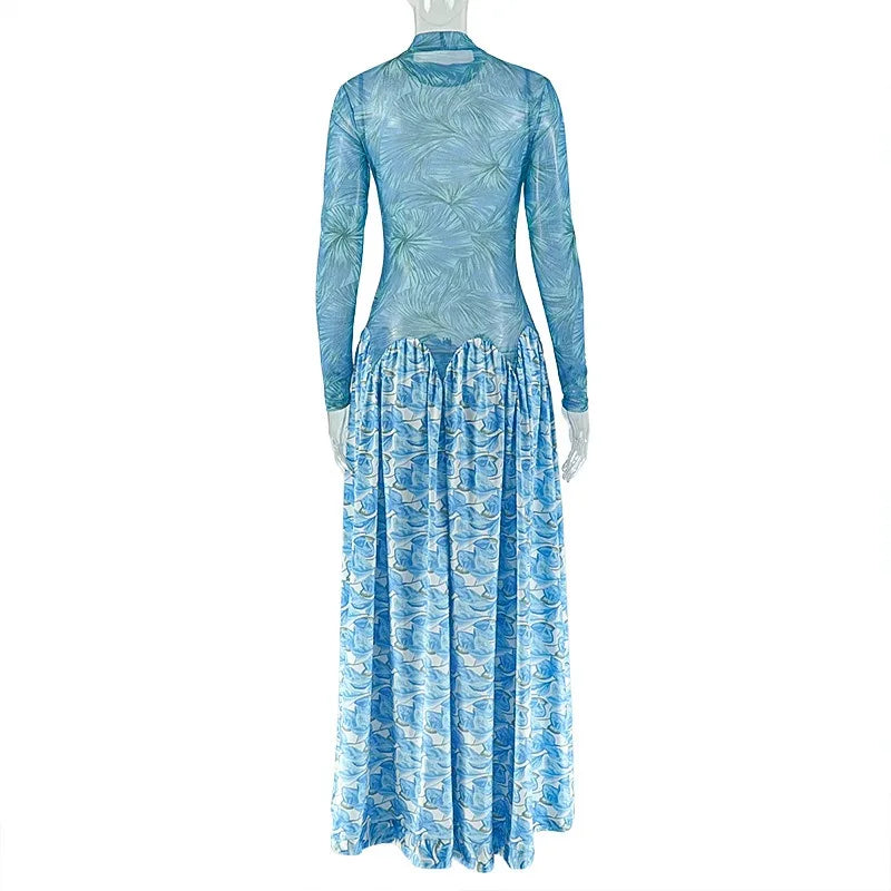 Floral Turtleneck A-Line Maxi Dress