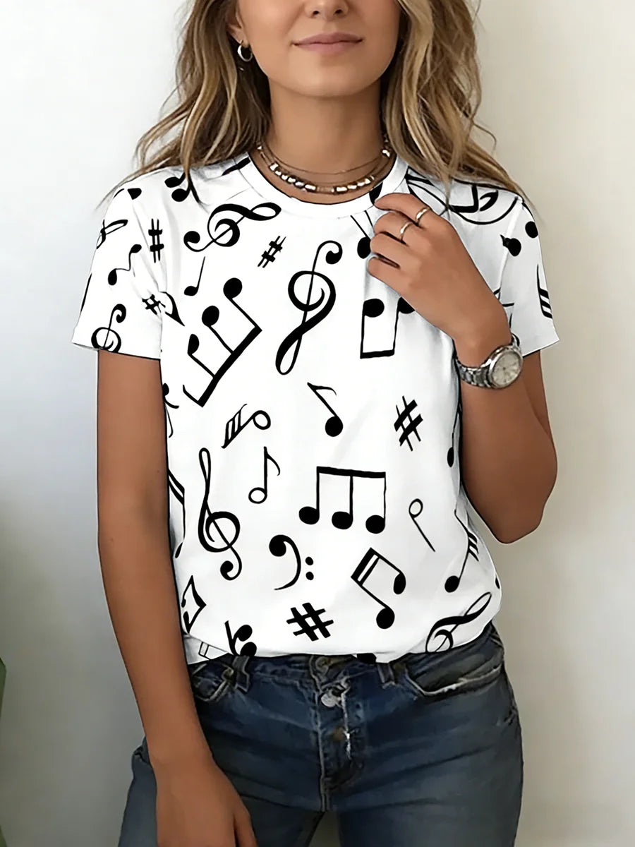 Women T-Shirt  Music Note Print Short Sleeve Crew Neck Casual Loose Fit Casual Top Spring Summer Daily Streetwear Versatile Top