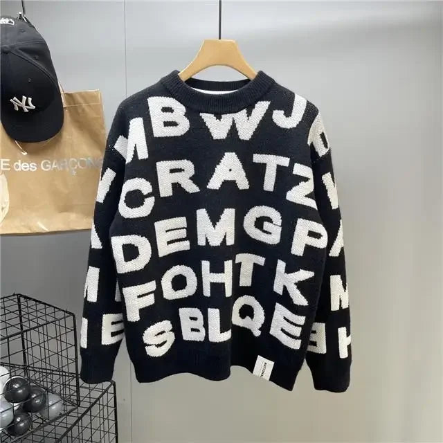 Sweater Men's Clothing Winter Full-print Letter Jacquard Loose Thickened Design Round Neck Top Trendy American Style Sweater
