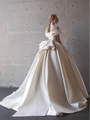 Elegant Satin Off-Shoulder Wedding Dress with Bow Detail