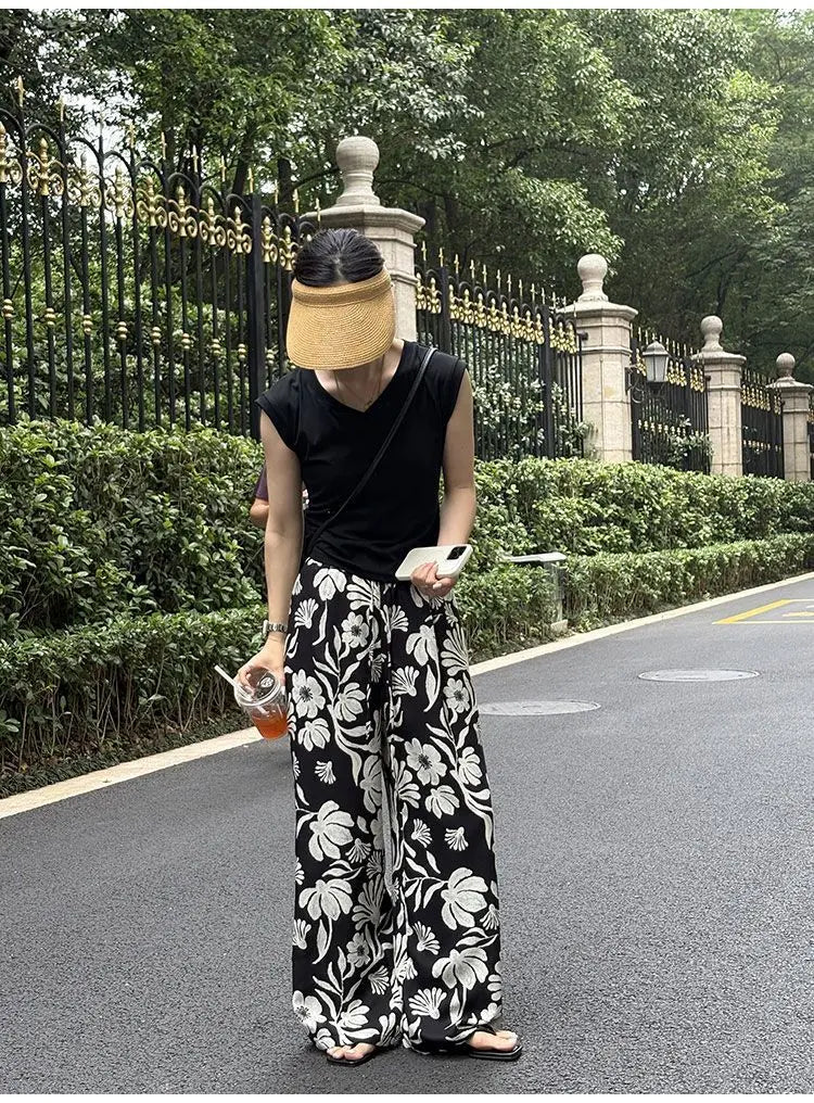Wide-leg Pants for Women Summer Thin Printed New Style Drawstring Elastic Loose Straight Casual