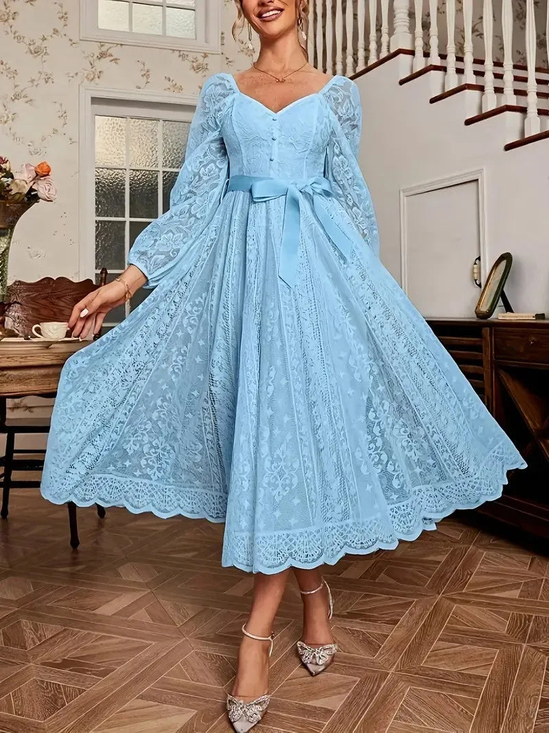Elegant Party Dress For Woman Evening Prom Dresses Lace Long Gown V Neck Maxi Dress White Pink Floral Lace A Line Balloon Sleeve