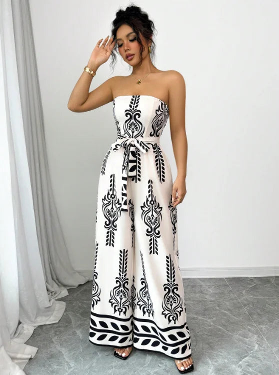 Printed Wide Leg Lace-Up Jumpsuit