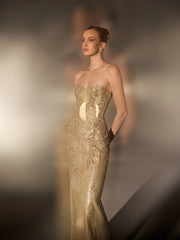 Golden Beaded Evening Dress With Cape Sleeve Glamorous Strapless Long Wedding Party Gown Customized Elegant Red Carpet Gowns