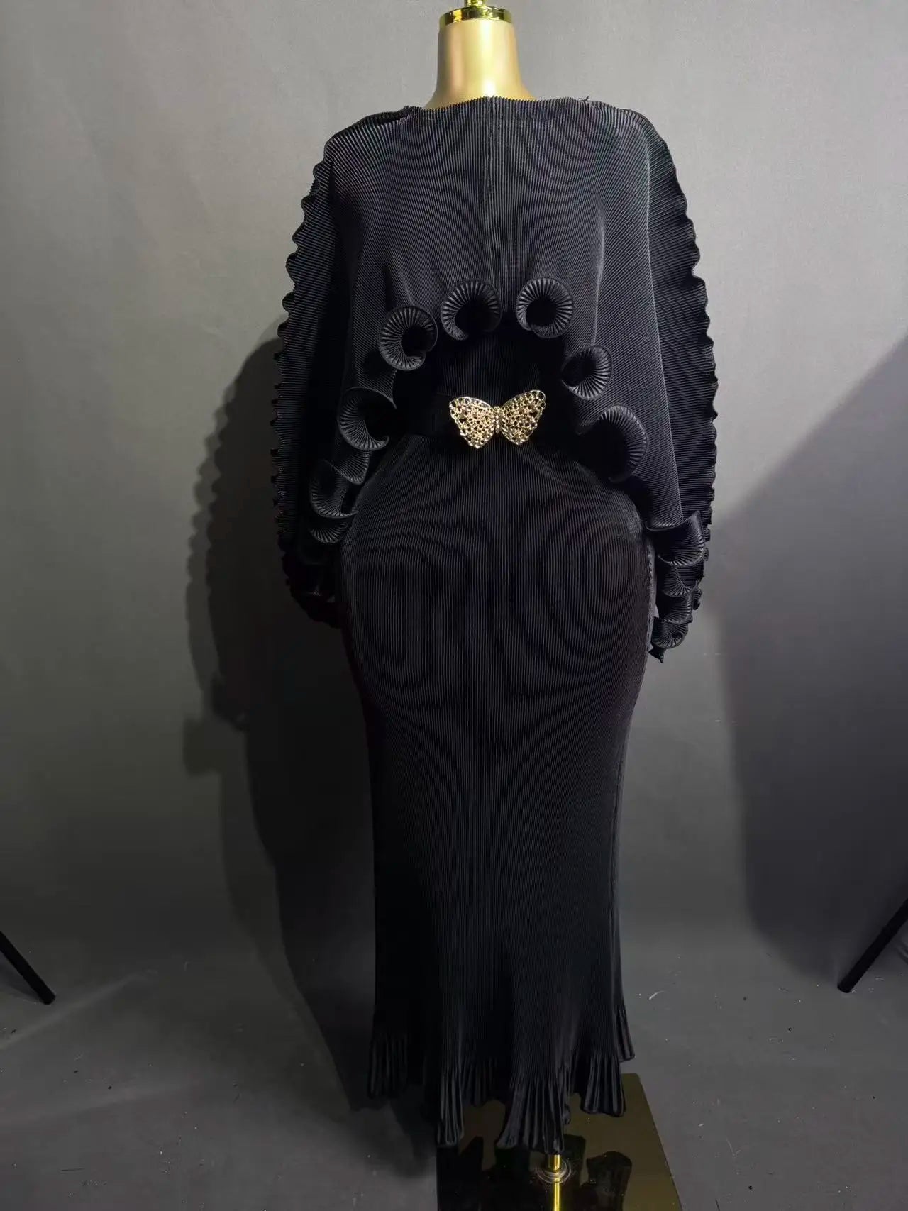 Elegant Pleated Long Dress with Butterfly Belt Women Cape Sleeve Wave Edge Ruffle Evening Party Dress