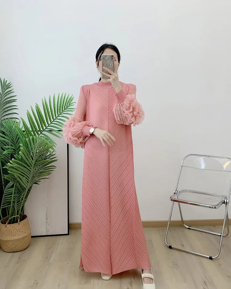 Women Elegant Evening Party Dresses 2025 Summer New Solid Colour Classic Long Sleeve Plate Flower Design Prom Dresses Female