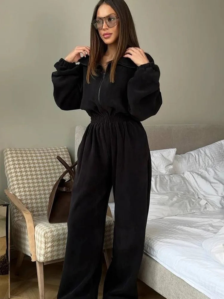 Jumpsuit Women 2026 New Fashionable Long Sleeved Jumpsuit for Women's Casual Half Open Collar Elastic Waist Jumpsuit