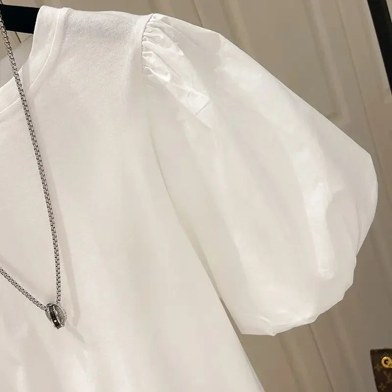 Mujer Cotton Tshirts for Women Summer T-shirts Puff Sleeve O-neck Tees Oversized Tops Fashion Sweet White Tees