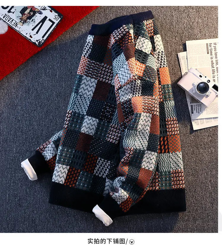New Fashion Men Plaid Pullover Winter Sweaters Outwear Loose Casual Knitted Sweaters Male O-neck Pullovers Sweatercoats Size 4XL