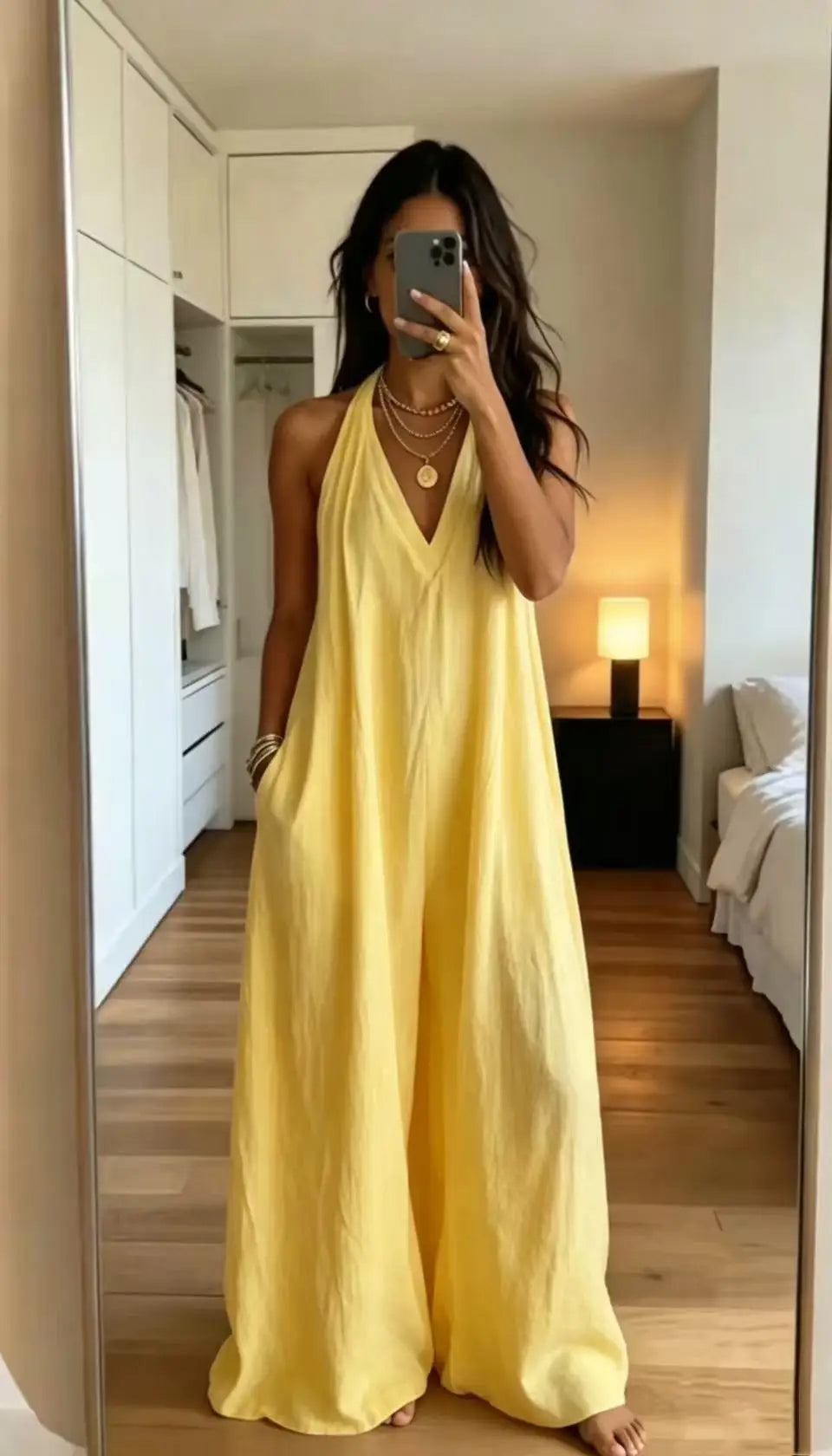 Women's White Halter Jumpsuit Deep V Neck Sleeveless Wide Leg Cuffed Hem Pocketed Boho Resort Casual Summer Y2K Chic Jumpsuit