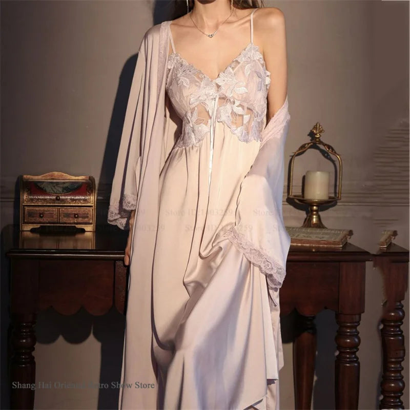 Elegant Female Long Robe Set Nightgown Silky Ice Silk Sleepwear Homewear SEXY Hollow Out Lace Nightdress Lingerie Loungewear