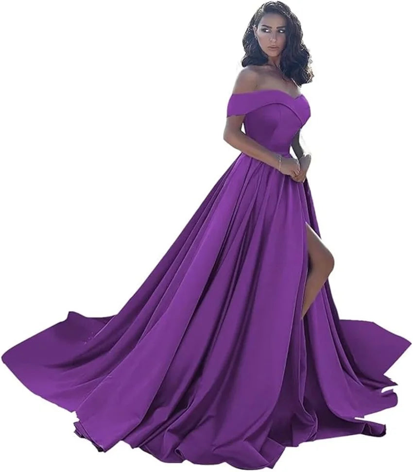 Simple Off Shoulder Satin Evening Gown