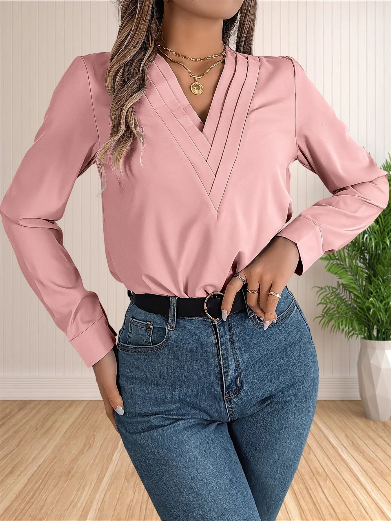 Elegant Layered V-Neck Office Blouse